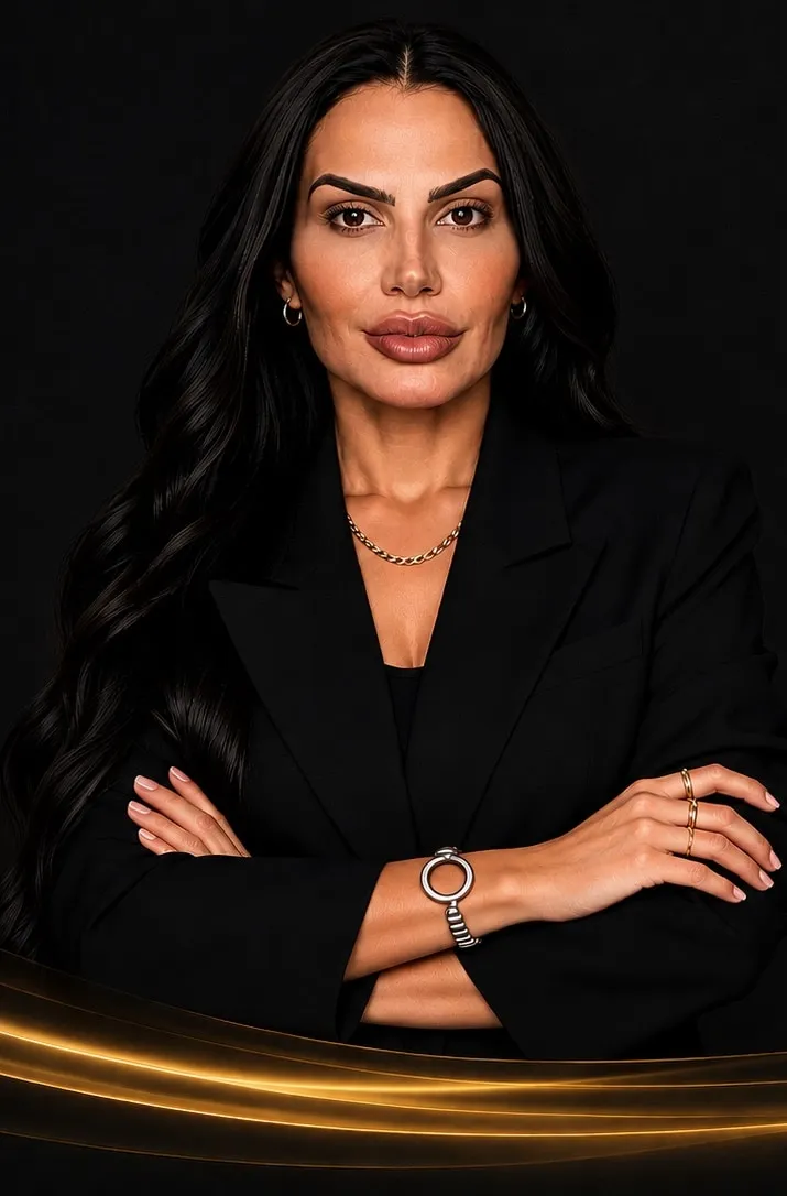 Andréia Machado, de blazer preto e braços cruzados, sobre fundo escuro com um traço de luz dourada